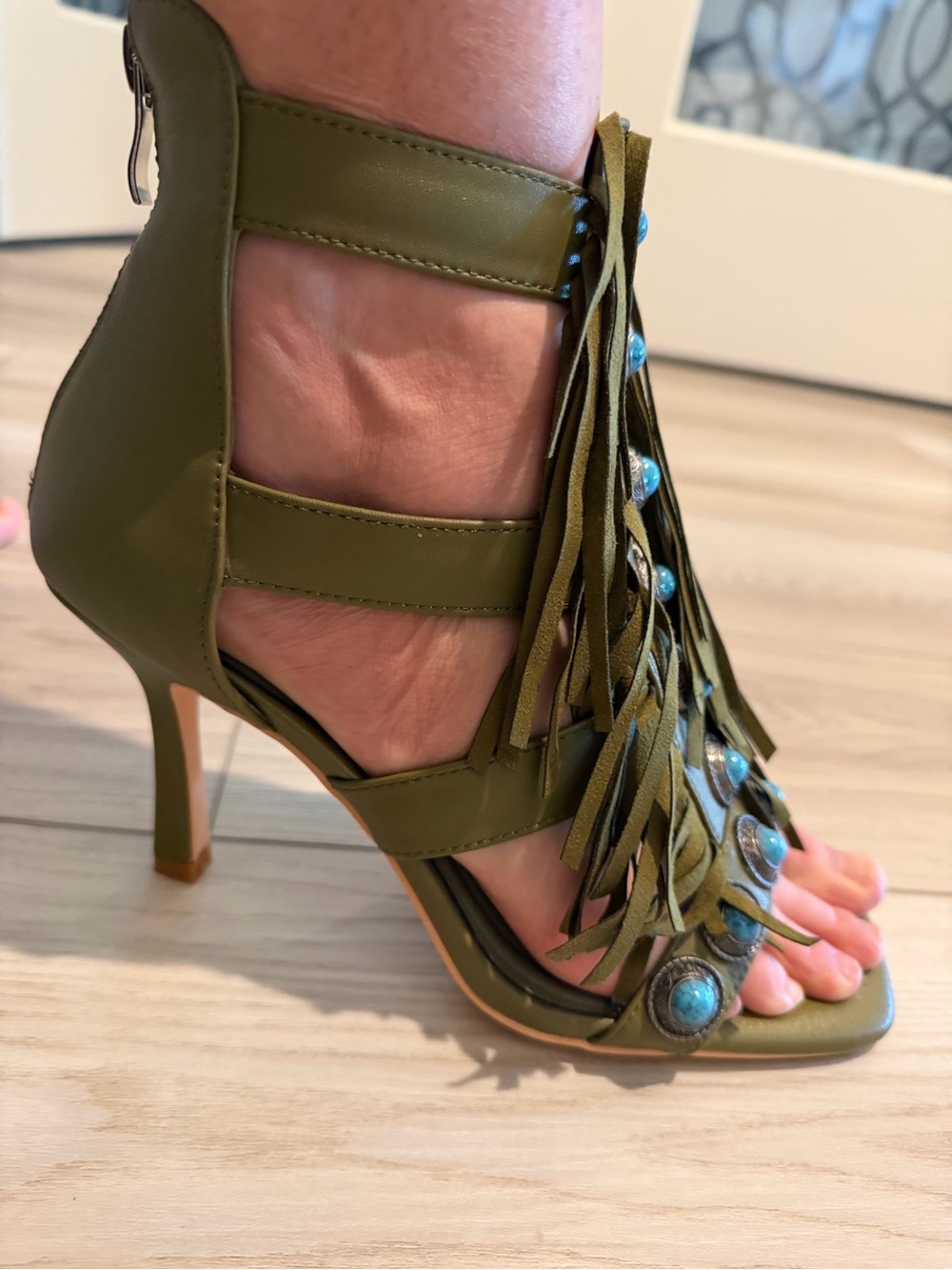 Olive Green Fringe High Heel Sandals